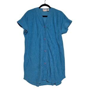Vtg Womens Blue Terry Cloth Button Down Cover Up Dress Medium Swim Casual Lounge